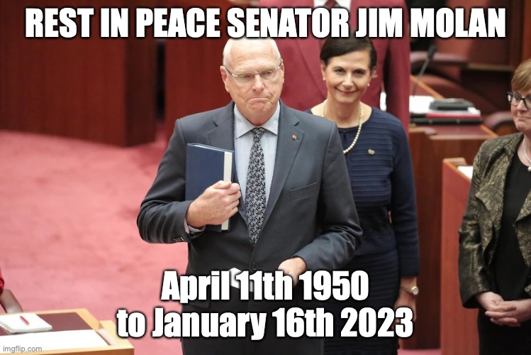 Press F for Paying Respects to Jim Molan's death | REST IN PEACE SENATOR JIM MOLAN; April 11th 1950 to January 16th 2023 | image tagged in jim molan,death,of jim molan,press f to pay respects | made w/ Imgflip meme maker