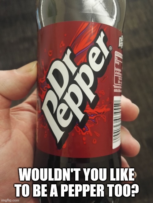 Dr Pepper bottle | WOULDN'T YOU LIKE TO BE A PEPPER TOO? | image tagged in dr pepper bottle | made w/ Imgflip meme maker