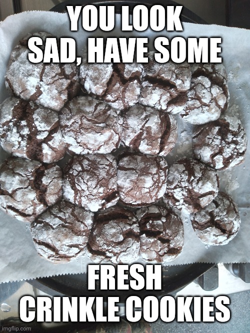 Fresh crinkle cookies !!! | YOU LOOK SAD, HAVE SOME; FRESH CRINKLE COOKIES | image tagged in cookies,chocolate,biscuits,fresh | made w/ Imgflip meme maker