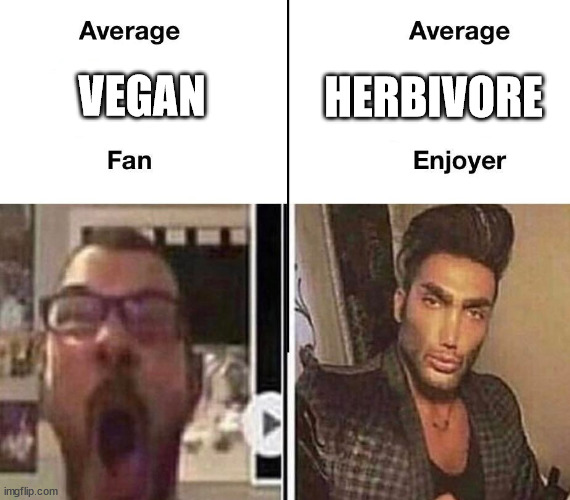 Average Fan vs. Average Enjoyer | HERBIVORE; VEGAN | image tagged in average fan vs average enjoyer | made w/ Imgflip meme maker