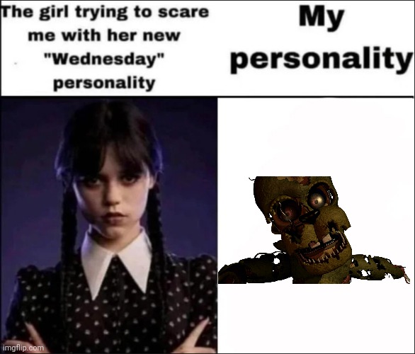 The girl trying to scare me with her new Wednesday personality | image tagged in the girl trying to scare me with her new wednesday personality,memes,springtrap,five nights at freddy's | made w/ Imgflip meme maker