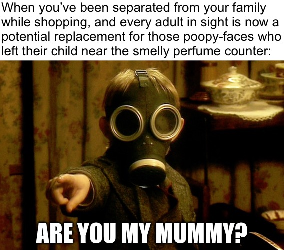 Mummy… Mummy…? Mummy?! | When you’ve been separated from your family
while shopping, and every adult in sight is now a
potential replacement for those poopy-faces who
left their child near the smelly perfume counter:; ARE YOU MY MUMMY? | image tagged in blank white template,are you my mummy | made w/ Imgflip meme maker