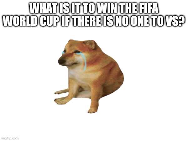 sad | WHAT IS IT TO WIN THE FIFA WORLD CUP IF THERE IS NO ONE TO VS? | image tagged in haha | made w/ Imgflip meme maker