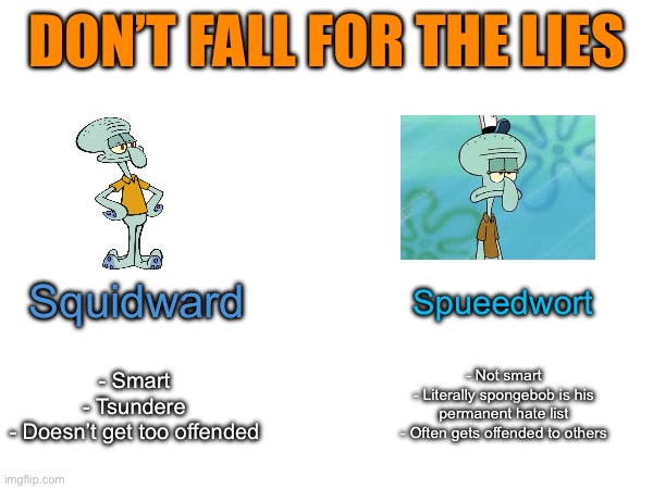 DON’T FALL FOR THE LIES; Squidward; Spueedwort; - Not smart
- Literally spongebob is his permanent hate list
- Often gets offended to others; - Smart
- Tsundere
- Doesn’t get too offended | made w/ Imgflip meme maker