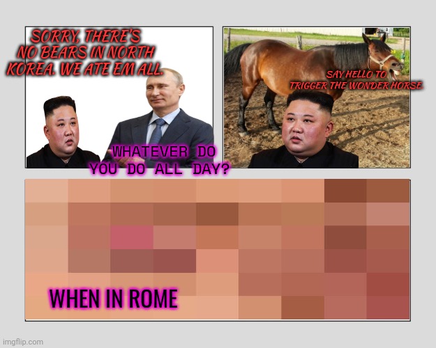 Stop it. Get some help | SORRY, THERE'S NO BEARS IN NORTH KOREA. WE ATE EM ALL. WHATEVER DO YOU DO ALL DAY? SAY HELLO TO TRIGGER THE WONDER HORSE. WHEN IN ROME | image tagged in blank three panel,putin,visits,north korea,kim jong un | made w/ Imgflip meme maker