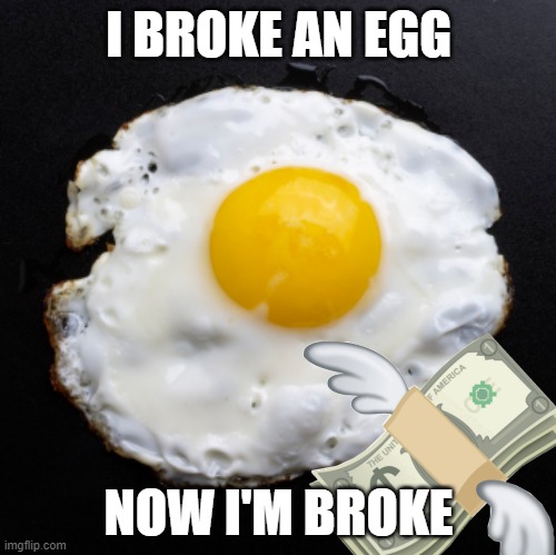 Broke egg bank | I BROKE AN EGG; NOW I'M BROKE | image tagged in eggs | made w/ Imgflip meme maker