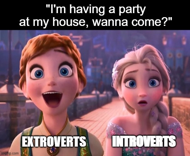 parties are way too loud. they can be fun though :0 | "I'm having a party at my house, wanna come?"; INTROVERTS; EXTROVERTS | image tagged in party,dark mode,frozen,introvert,extrovert | made w/ Imgflip meme maker