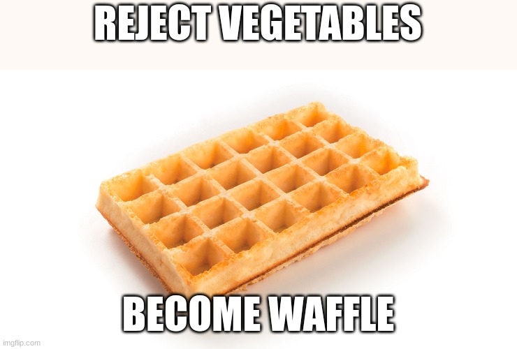 pls stop with the vegetables | REJECT VEGETABLES; BECOME WAFFLE | image tagged in waffles | made w/ Imgflip meme maker