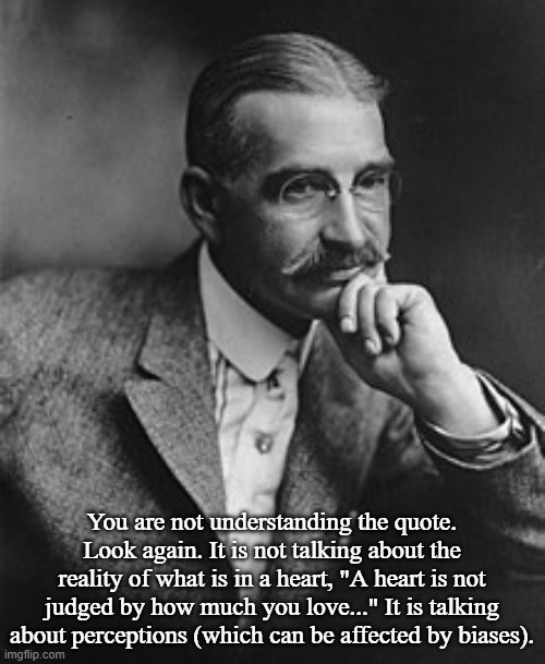 Lyman Frank Baum | You are not understanding the quote. Look again. It is not talking about the reality of what is in a heart, "A heart is not judged by how mu | image tagged in lyman frank baum | made w/ Imgflip meme maker