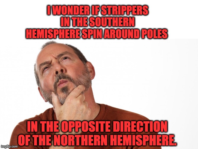 Could be true | I WONDER IF STRIPPERS IN THE SOUTHERN HEMISPHERE SPIN AROUND POLES; IN THE OPPOSITE DIRECTION OF THE NORTHERN HEMISPHERE. | image tagged in hmmm,dad joke | made w/ Imgflip meme maker