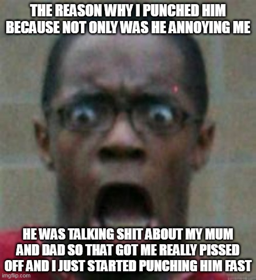 surprised | THE REASON WHY I PUNCHED HIM BECAUSE NOT ONLY WAS HE ANNOYING ME; HE WAS TALKING SHIT ABOUT MY MUM AND DAD SO THAT GOT ME REALLY PISSED OFF AND I JUST STARTED PUNCHING HIM FAST | image tagged in surprise | made w/ Imgflip meme maker