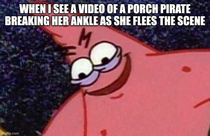 Evil Patrick  | WHEN I SEE A VIDEO OF A PORCH PIRATE BREAKING HER ANKLE AS SHE FLEES THE SCENE | image tagged in evil patrick | made w/ Imgflip meme maker