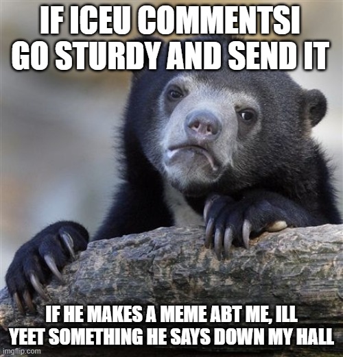 I dare you | IF ICEU COMMENTSI GO STURDY AND SEND IT; IF HE MAKES A MEME ABT ME, ILL YEET SOMETHING HE SAYS DOWN MY HALL | image tagged in memes,confession bear,fun | made w/ Imgflip meme maker