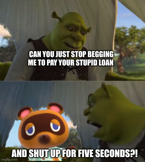 Tom Nook | CAN YOU JUST STOP BEGGING ME TO PAY YOUR STUPID LOAN; AND SHUT UP FOR FIVE SECONDS?! | image tagged in could you not ___ for 5 minutes,meme,funny,animal crossing,fun,lol | made w/ Imgflip meme maker