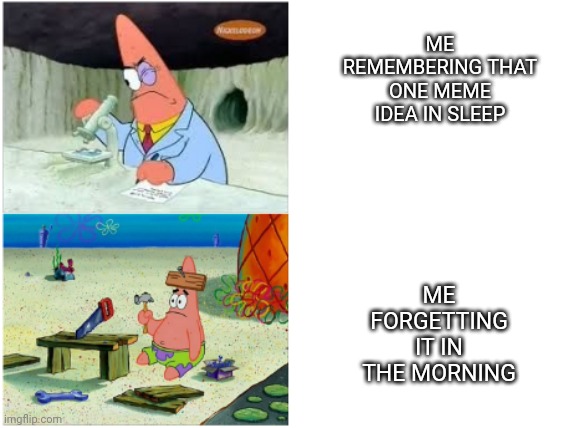 Patrick Smart Dumb | ME REMEMBERING THAT ONE MEME IDEA IN SLEEP; ME FORGETTING IT IN THE MORNING | image tagged in patrick smart dumb | made w/ Imgflip meme maker