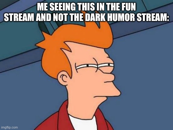 Futurama Fry Meme | ME SEEING THIS IN THE FUN STREAM AND NOT THE DARK HUMOR STREAM: | image tagged in memes,futurama fry | made w/ Imgflip meme maker