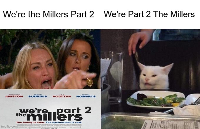 We're the millers? | We're the Millers Part 2; We're Part 2 The Millers | image tagged in we are the millers,woman yelling at cat | made w/ Imgflip meme maker