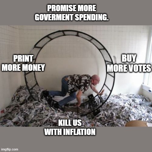 yep | PROMISE MORE GOVERMENT SPENDING. PRINT MORE MONEY; BUY MORE VOTES; KILL US WITH INFLATION | image tagged in democrats | made w/ Imgflip meme maker