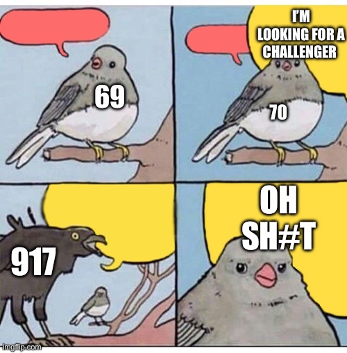 annoyed bird | I’M LOOKING FOR A CHALLENGER; 69; 70; OH SH#T; 917 | image tagged in annoyed bird | made w/ Imgflip meme maker