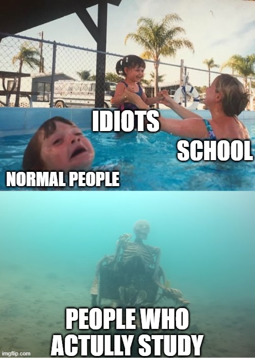 School in a nutshell | IDIOTS; SCHOOL; NORMAL PEOPLE; PEOPLE WHO ACTULLY STUDY | image tagged in swimming pool kids | made w/ Imgflip meme maker