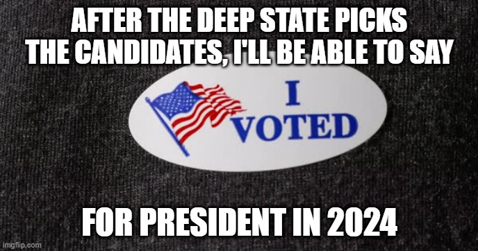 deep state pulls strings | AFTER THE DEEP STATE PICKS THE CANDIDATES, I'LL BE ABLE TO SAY; FOR PRESIDENT IN 2024 | image tagged in i voted | made w/ Imgflip meme maker