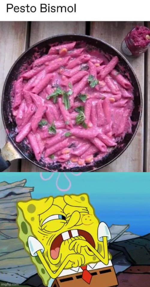 Pesto Bismol | image tagged in grossed out spongebob,cursed image,memes,pepto bismol,pasta,cursed | made w/ Imgflip meme maker