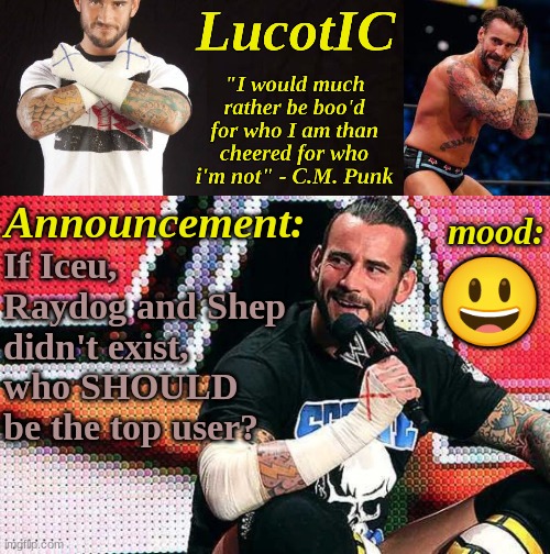 LucotIC's "C.M. Punk" announcement temp 16# | If Iceu, Raydog and Shep didn't exist, who SHOULD be the top user? 😃 | image tagged in lucotic's c m punk announcement temp 16 | made w/ Imgflip meme maker