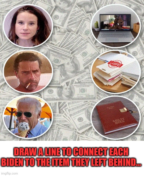 Draw a Line to Connect Each Biden to The Item They Left Behind... | DRAW A LINE TO CONNECT EACH BIDEN TO THE ITEM THEY LEFT BEHIND... | image tagged in biden,family,morons | made w/ Imgflip meme maker