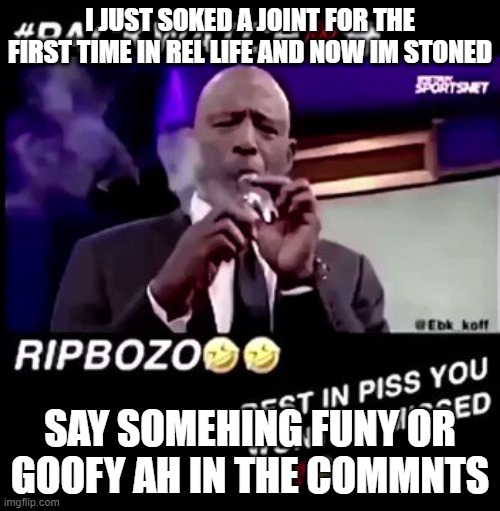 Rest in piss you won't be missed | I JUST SOKED A JOINT FOR THE FIRST TIME IN REL LIFE AND NOW IM STONED; SAY SOMEHING FUNY OR GOOFY AH IN THE COMMNTS | image tagged in rest in piss you won't be missed | made w/ Imgflip meme maker