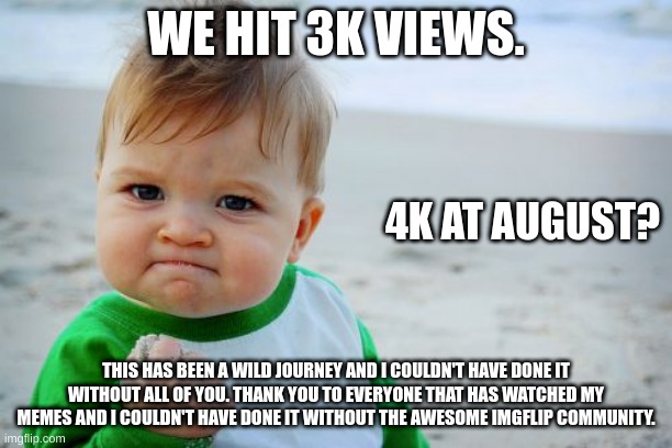 Success Kid Original | WE HIT 3K VIEWS. 4K AT AUGUST? THIS HAS BEEN A WILD JOURNEY AND I COULDN'T HAVE DONE IT WITHOUT ALL OF YOU. THANK YOU TO EVERYONE THAT HAS WATCHED MY MEMES AND I COULDN'T HAVE DONE IT WITHOUT THE AWESOME IMGFLIP COMMUNITY. | image tagged in memes,success kid original | made w/ Imgflip meme maker