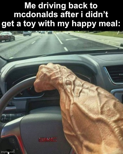 veiny arm | Me driving back to mcdonalds after i didn’t get a toy with my happy meal: | image tagged in veiny arm | made w/ Imgflip meme maker