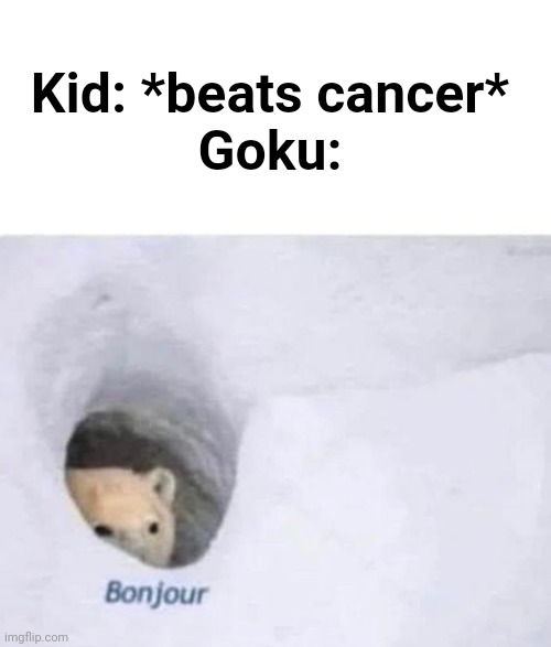 Bonjour | Kid: *beats cancer*
Goku: | image tagged in bonjour | made w/ Imgflip meme maker