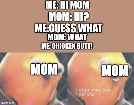 this is what my mom said | ME: HI MOM; MOM: HI? ME:GUESS WHAT; MOM: WHAT; ME: CHICKEN BUTT! MOM; MOM | image tagged in listen here you little shit bird | made w/ Imgflip meme maker