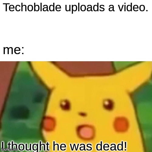 He actully did. | Techoblade uploads a video. me:; I thought he was dead! | image tagged in memes,surprised pikachu | made w/ Imgflip meme maker