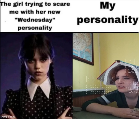 The girl trying to scare me with her new Wednesday personality | image tagged in the girl trying to scare me with her new wednesday personality | made w/ Imgflip meme maker