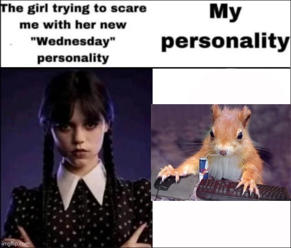 The girl trying to scare me with her new Wednesday personality | image tagged in the girl trying to scare me with her new wednesday personality | made w/ Imgflip meme maker
