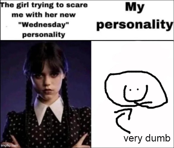 The girl trying to scare me with her new Wednesday personality | very dumb | image tagged in the girl trying to scare me with her new wednesday personality | made w/ Imgflip meme maker