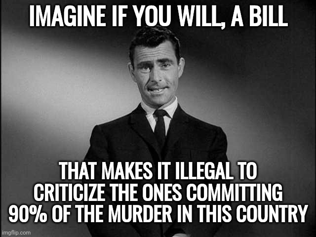 Even the twilight zone wasn't this fkd up. | IMAGINE IF YOU WILL, A BILL; THAT MAKES IT ILLEGAL TO CRITICIZE THE ONES COMMITTING 90% OF THE MURDER IN THIS COUNTRY | image tagged in rod serling twilight zone | made w/ Imgflip meme maker