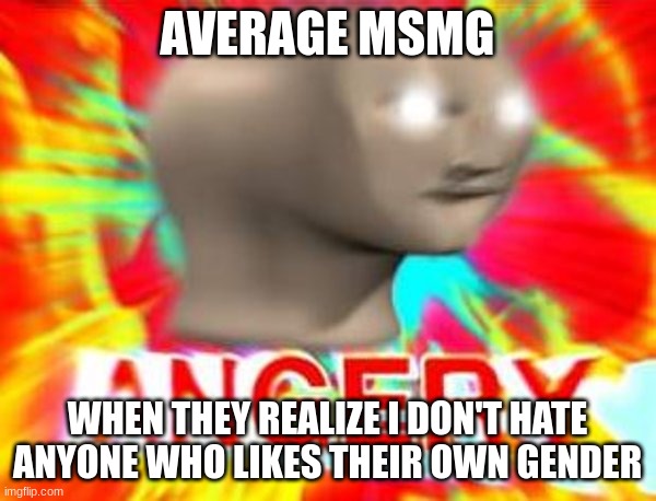 Surreal Angery | AVERAGE MSMG WHEN THEY REALIZE I DON'T HATE ANYONE WHO LIKES THEIR OWN GENDER | image tagged in surreal angery | made w/ Imgflip meme maker