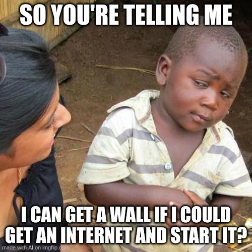 I would also like a wall | SO YOU'RE TELLING ME; I CAN GET A WALL IF I COULD GET AN INTERNET AND START IT? | image tagged in memes,third world skeptical kid | made w/ Imgflip meme maker