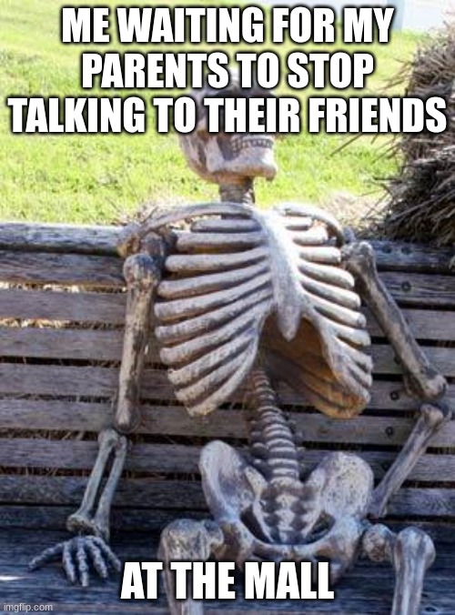 This happens all the time | ME WAITING FOR MY PARENTS TO STOP TALKING TO THEIR FRIENDS; AT THE MALL | image tagged in memes,waiting skeleton,parents,waiting | made w/ Imgflip meme maker