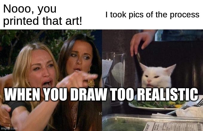 Woman Yelling At Cat |  Nooo, you printed that art! I took pics of the process; WHEN YOU DRAW TOO REALISTIC | image tagged in memes,woman yelling at cat | made w/ Imgflip meme maker