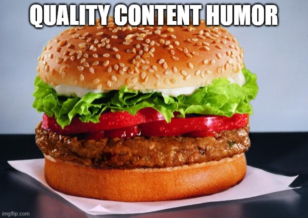 burger | QUALITY CONTENT HUMOR | image tagged in veggie burger no heart disease | made w/ Imgflip meme maker