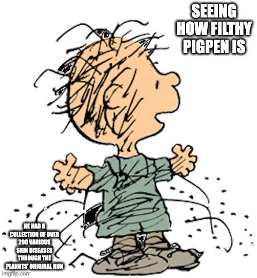 Pigpen | SEEING HOW FILTHY PIGPEN IS; HE HAD A COLLECTION OF OVER 200 VARIOUS SKIN DISEASES THROUGH THE PEANUTS' ORIGINAL RUN | image tagged in peanus,pigpen,memes | made w/ Imgflip meme maker