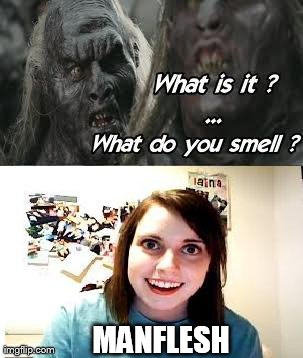 On the Prowl | MANFLESH | image tagged in overly attached girlfriend,forever alone,fails,lord of the rings,trolling | made w/ Imgflip meme maker