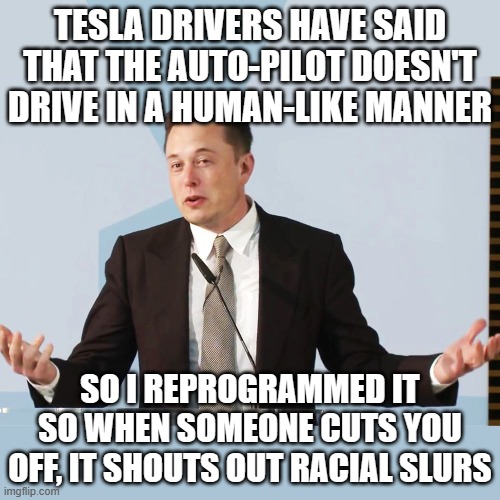 Elon Musk | TESLA DRIVERS HAVE SAID THAT THE AUTO-PILOT DOESN'T DRIVE IN A HUMAN-LIKE MANNER; SO I REPROGRAMMED IT SO WHEN SOMEONE CUTS YOU OFF, IT SHOUTS OUT RACIAL SLURS | image tagged in elon musk | made w/ Imgflip meme maker