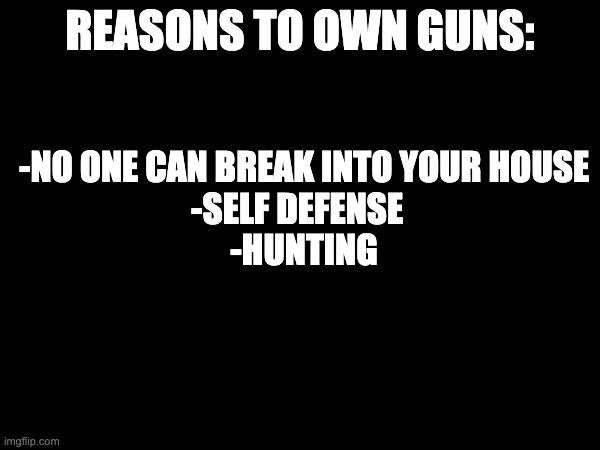 -NO ONE CAN BREAK INTO YOUR HOUSE
-SELF DEFENSE  
-HUNTING; REASONS TO OWN GUNS: | made w/ Imgflip meme maker