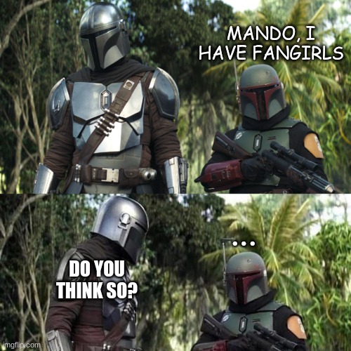 idk if its true or not | MANDO, I HAVE FANGIRLS; ... DO YOU THINK SO? | image tagged in mandalorian boba fett said weird thing | made w/ Imgflip meme maker