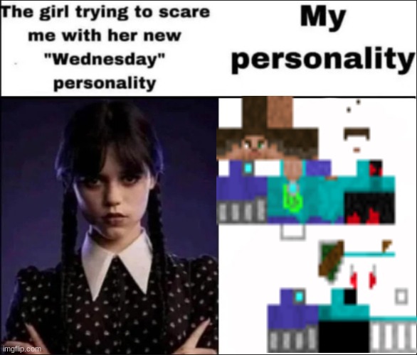 The girl trying to scare me with her new Wednesday personality | image tagged in the girl trying to scare me with her new wednesday personality | made w/ Imgflip meme maker