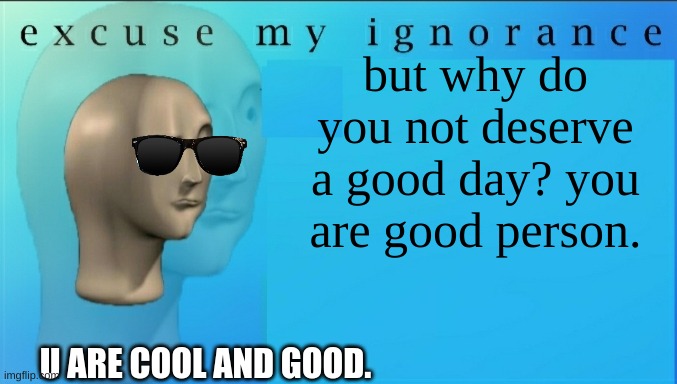 good | but why do you not deserve a good day? you are good person. U ARE COOL AND GOOD. | image tagged in excuse my ignorance but | made w/ Imgflip meme maker